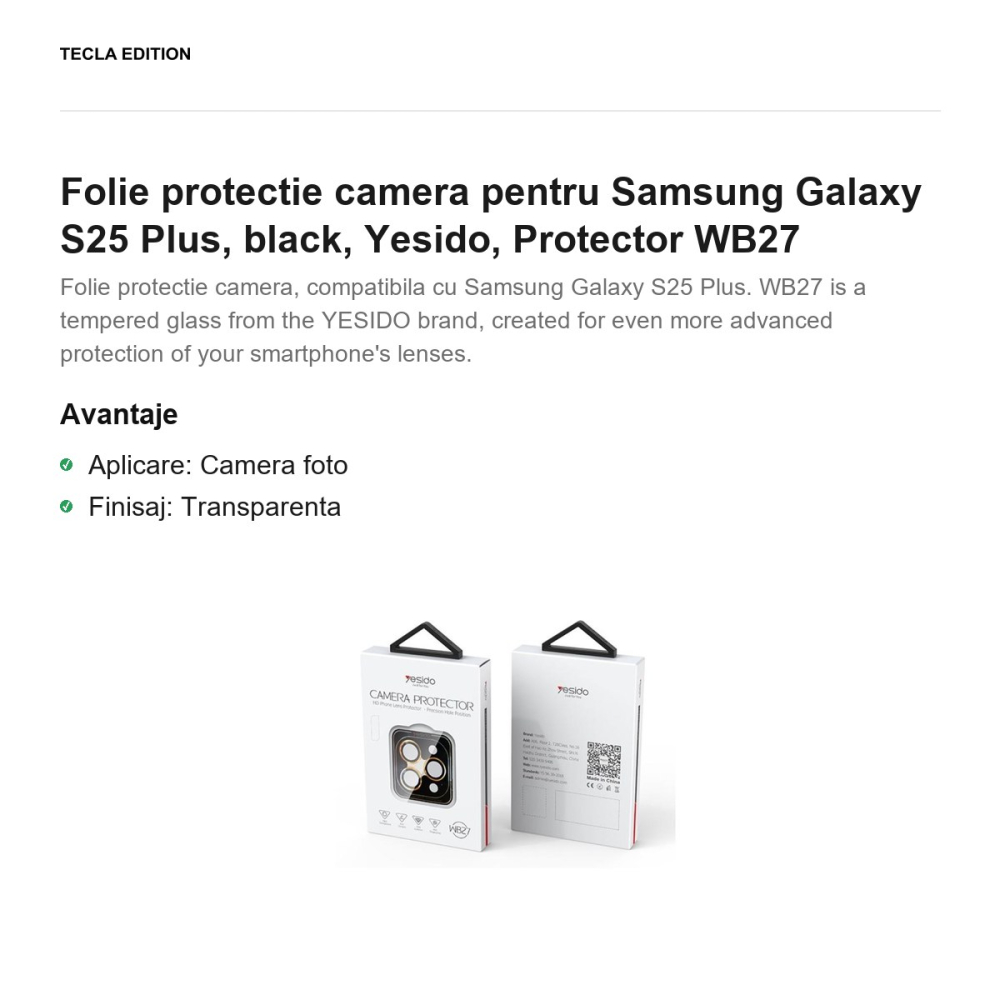 Folie protectie camera pentru Samsung Galaxy S25 Plus, black, Yesido, Protector WB27 [2]