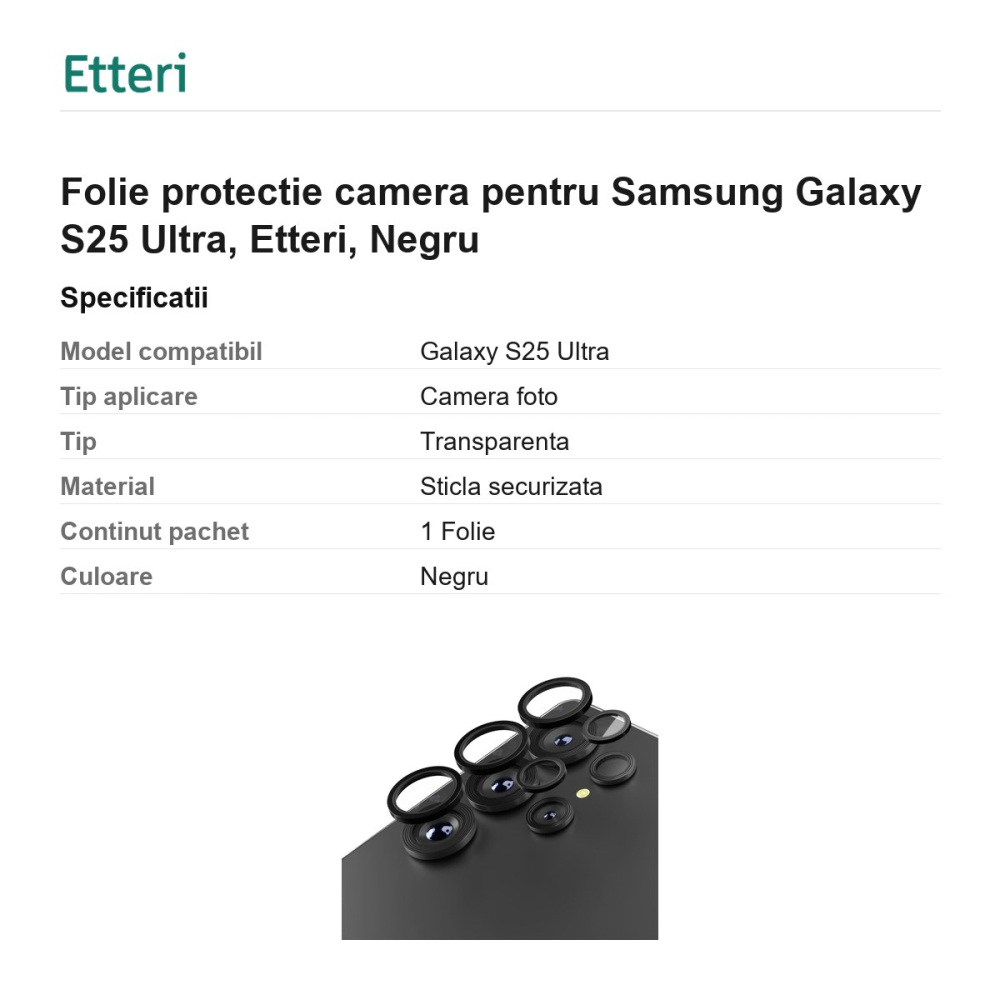 Folie protectie camera pentru Samsung Galaxy S25 Ultra, Etteri, Negru [3]