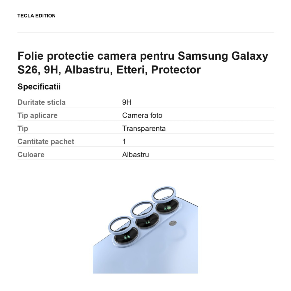 Folie protectie camera pentru Samsung Galaxy S26, 9H, Albastru, Etteri, Protector [3]