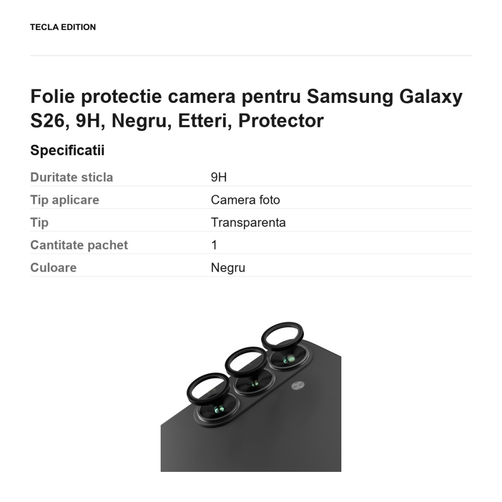 Folie protectie camera pentru Samsung Galaxy S26, 9H, Negru, Etteri, Protector [3]