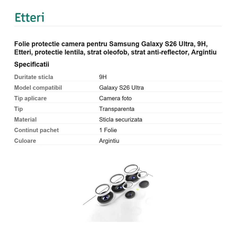 Folie protectie camera pentru Samsung Galaxy S26 Ultra, 9H, Etteri, protectie lentila, strat oleofob, strat anti-reflector, Argintiu [3]