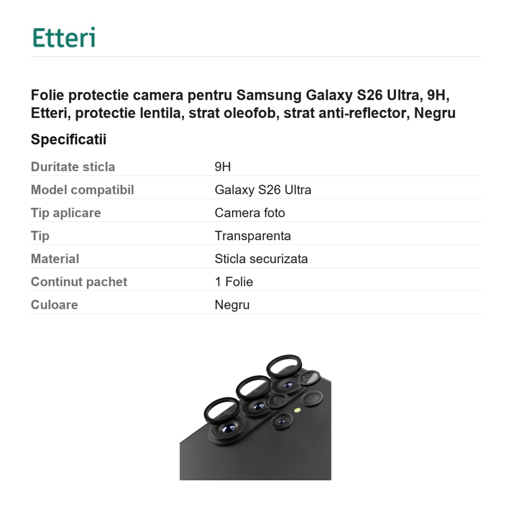 Folie protectie camera pentru Samsung Galaxy S26 Ultra, 9H, Etteri, protectie lentila, strat oleofob, strat anti-reflector, Negru [3]