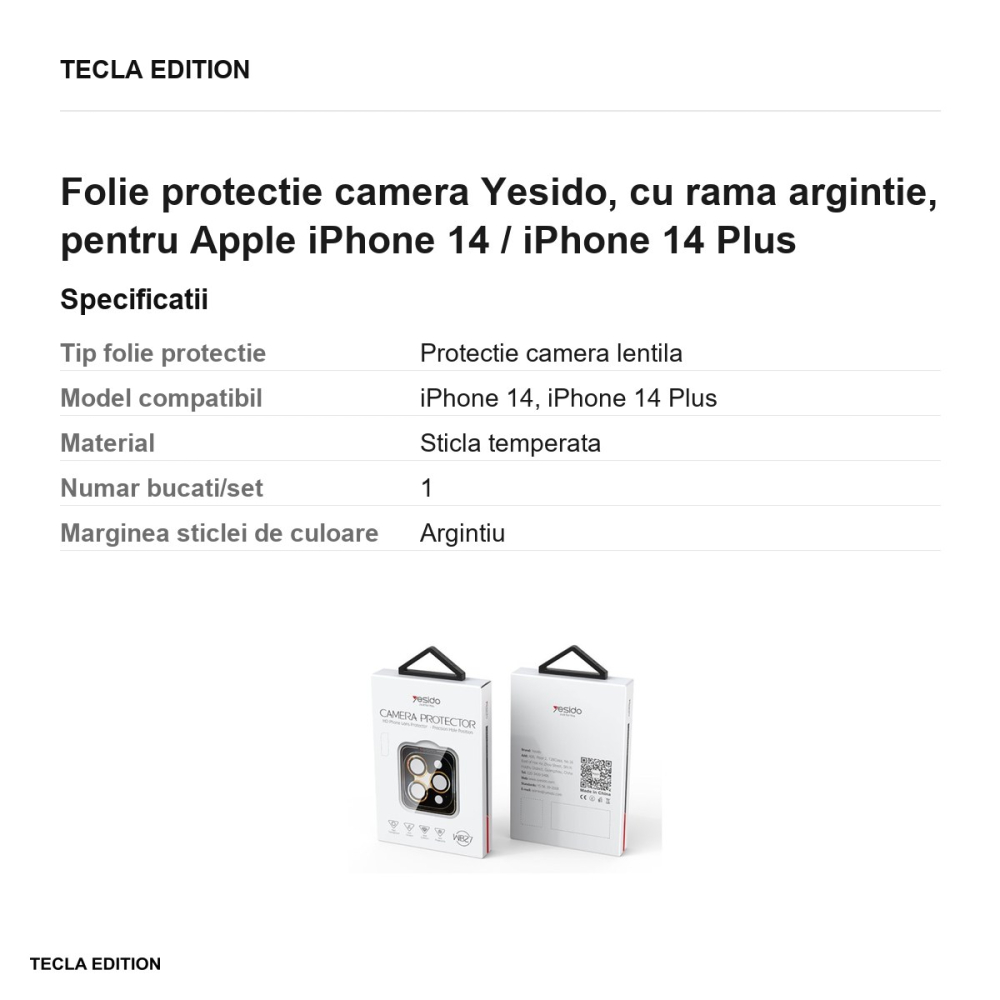 Folie protectie camera Yesido, cu rama argintie, pentru Apple iPhone 14 / iPhone 14 Plus [3]