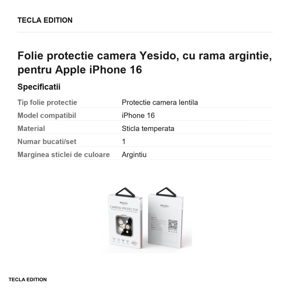 Folie protectie camera Yesido, cu rama argintie, pentru Apple iPhone 16 [3]