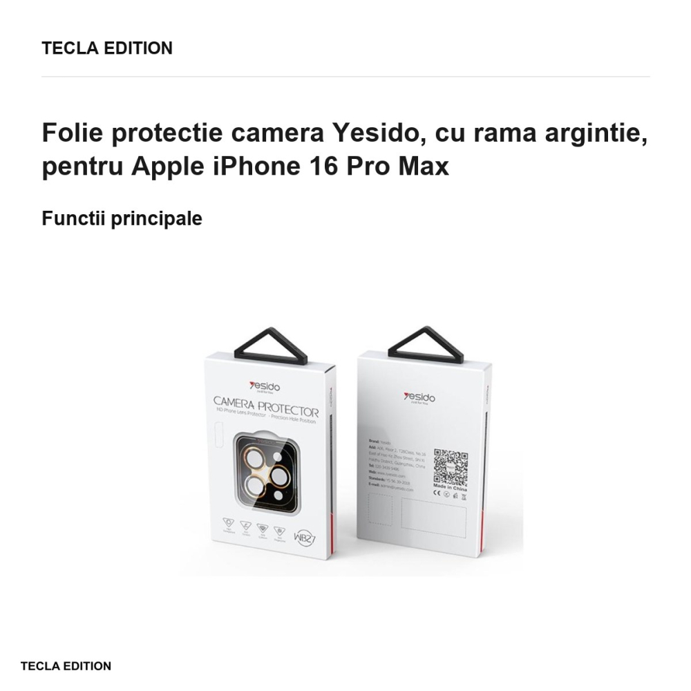 Folie protectie camera Yesido, cu rama argintie, pentru Apple iPhone 16 Pro Max [2]