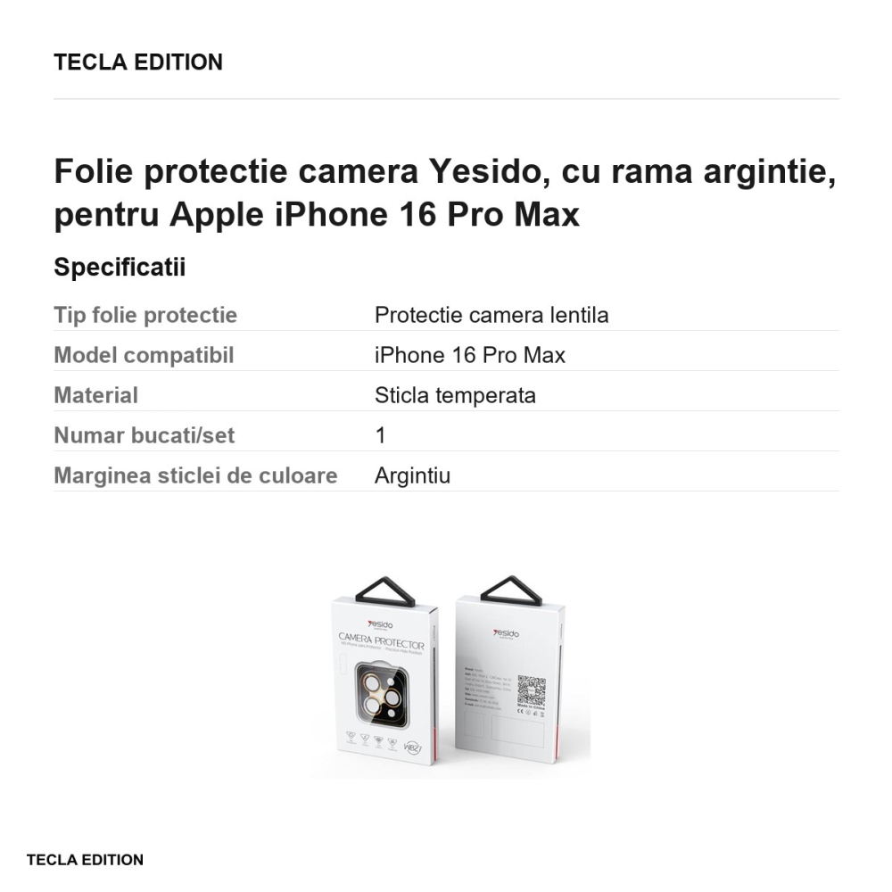 Folie protectie camera Yesido, cu rama argintie, pentru Apple iPhone 16 Pro Max [3]