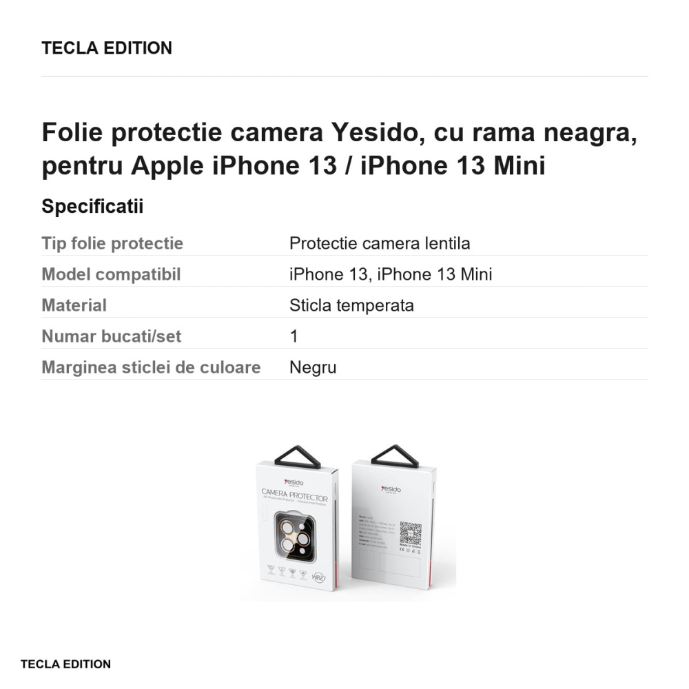 Folie protectie camera Yesido, cu rama neagra, pentru Apple iPhone 13 / iPhone 13 Mini [3]