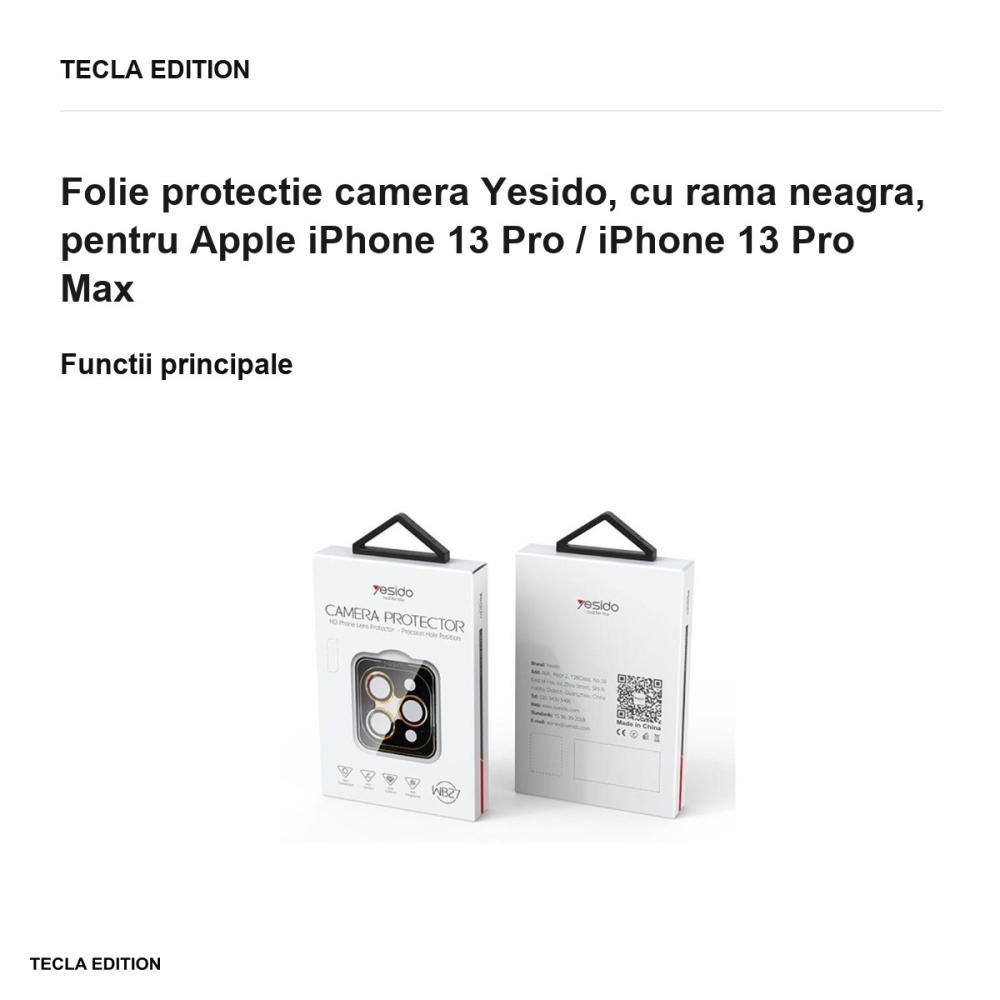 Folie protectie camera Yesido, cu rama neagra, pentru Apple iPhone 13 Pro / iPhone 13 Pro Max [2]