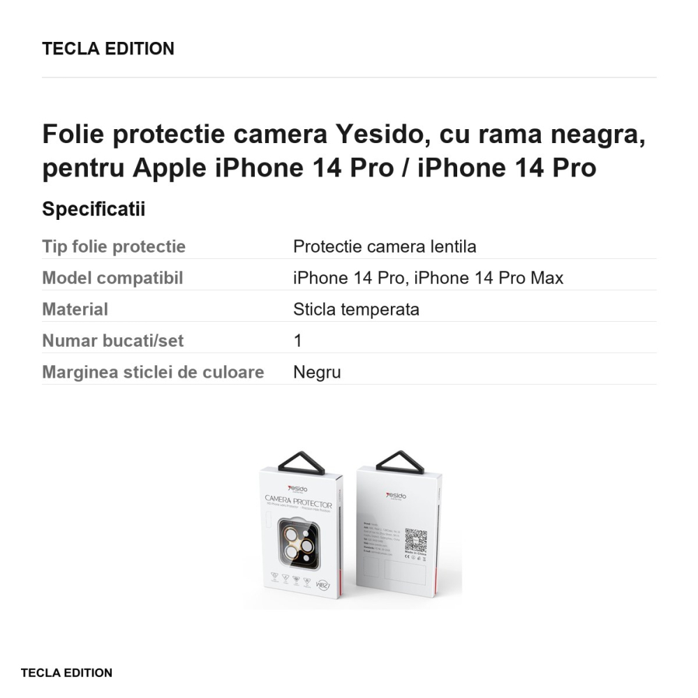 Folie protectie camera Yesido, cu rama neagra, pentru Apple iPhone 14 Pro / iPhone 14 Pro Max [3]