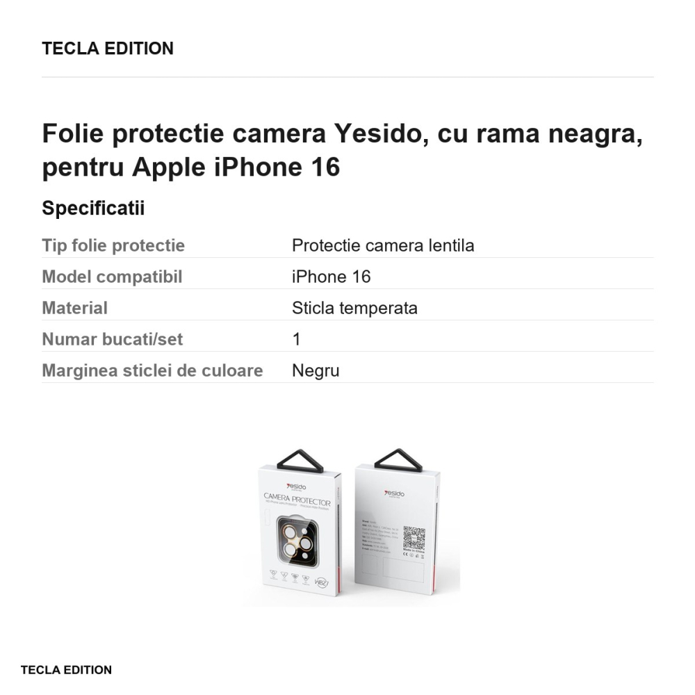 Folie protectie camera Yesido, cu rama neagra, pentru Apple iPhone 16 [3]