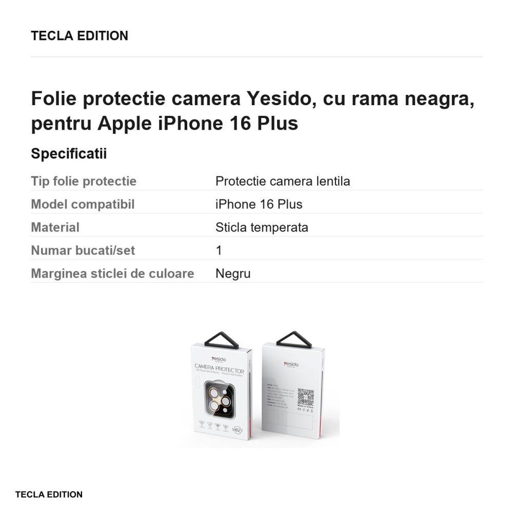 Folie protectie camera Yesido, cu rama neagra, pentru Apple iPhone 16 Plus [3]
