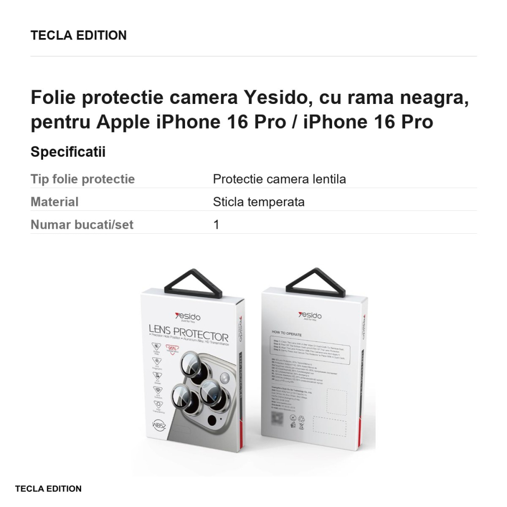 Folie protectie camera Yesido, cu rama neagra, pentru Apple iPhone 16 Pro / iPhone 16 Pro Max [3]