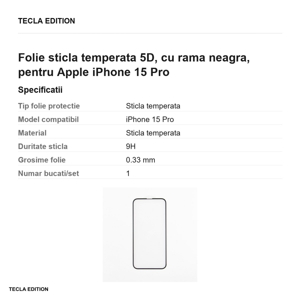 Folie sticla temperata 5D, cu rama neagra, pentru Apple iPhone 15 Pro [3]