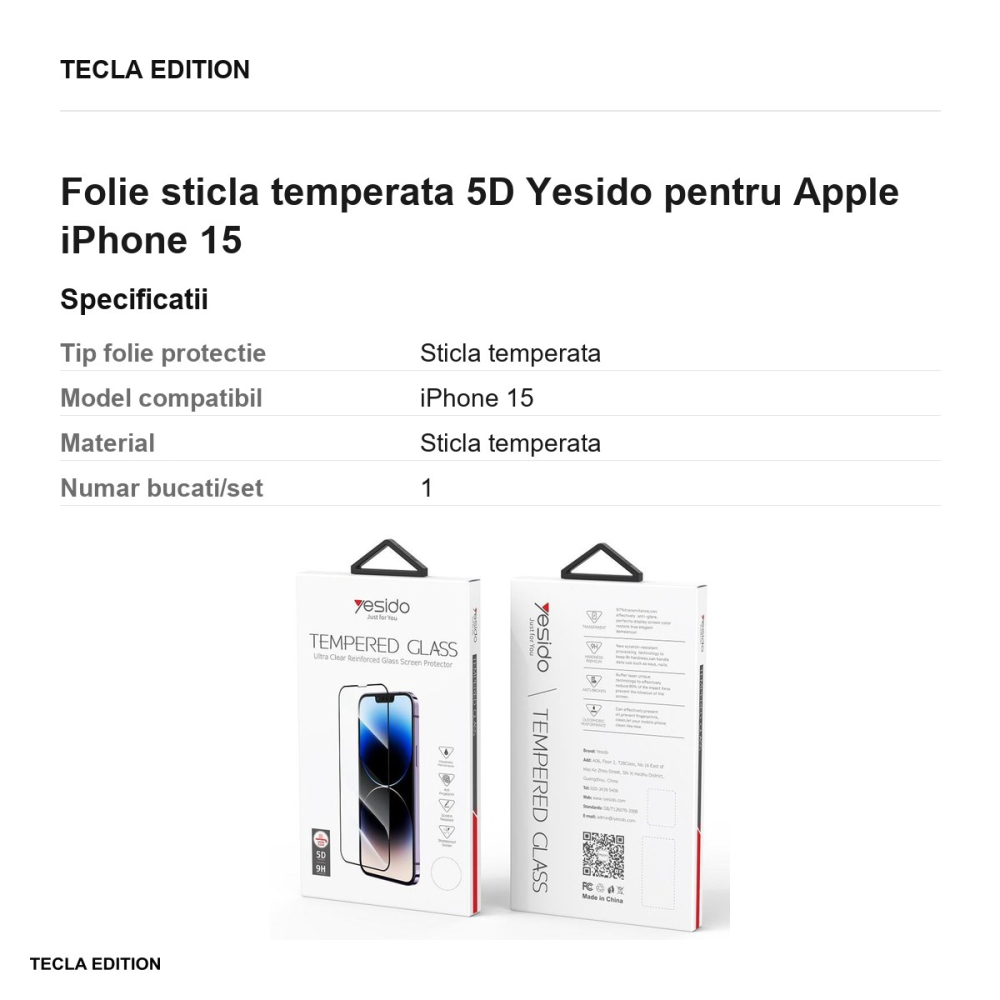 Folie sticla temperata 5D Yesido pentru Apple iPhone 15 [3]