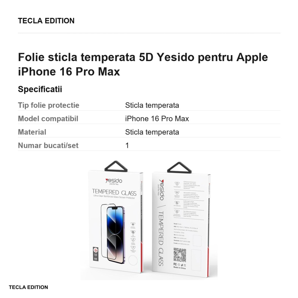 Folie sticla temperata 5D Yesido pentru Apple iPhone 16 Pro Max [3]