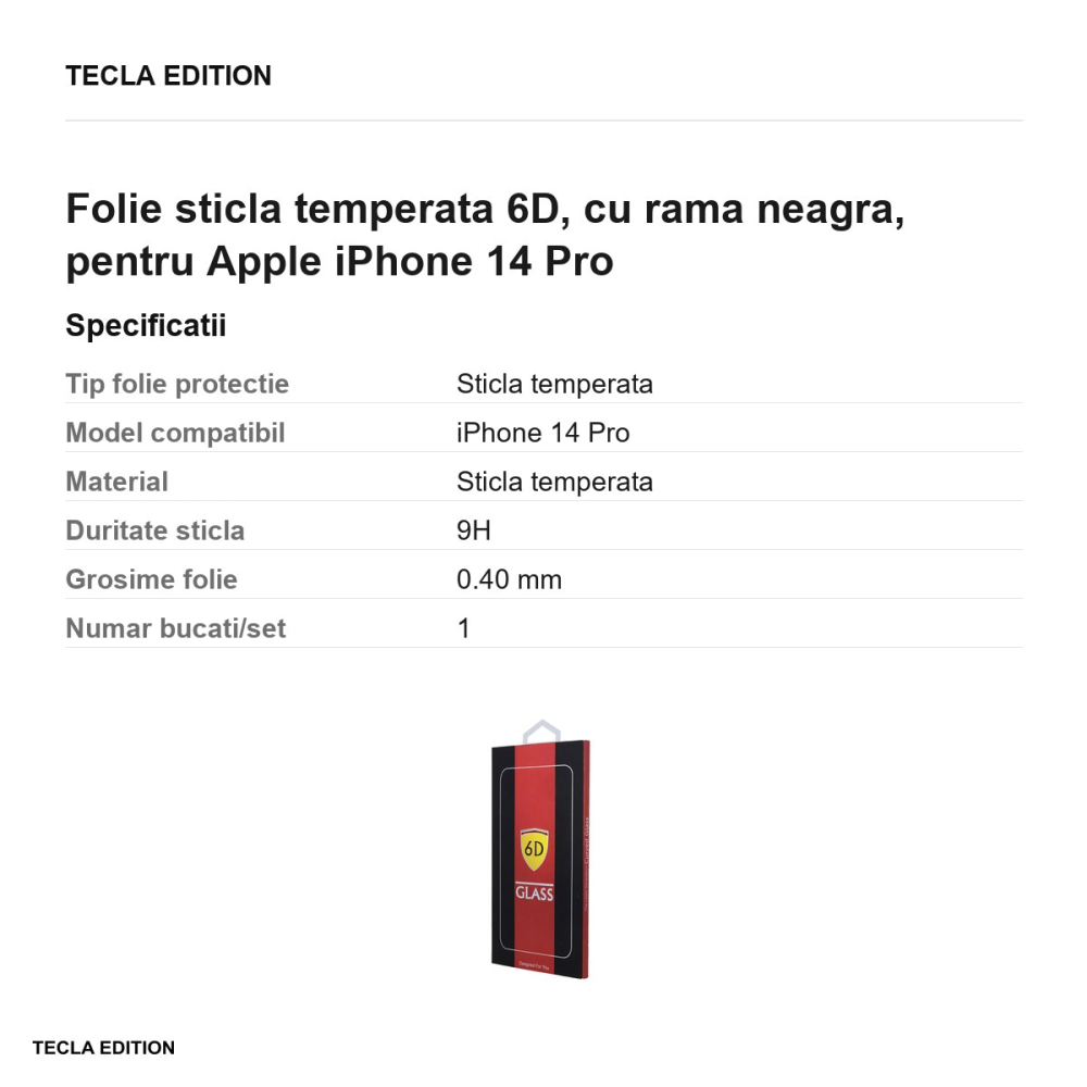 Folie sticla temperata 6D, cu rama neagra, pentru Apple iPhone 14 Pro [3]