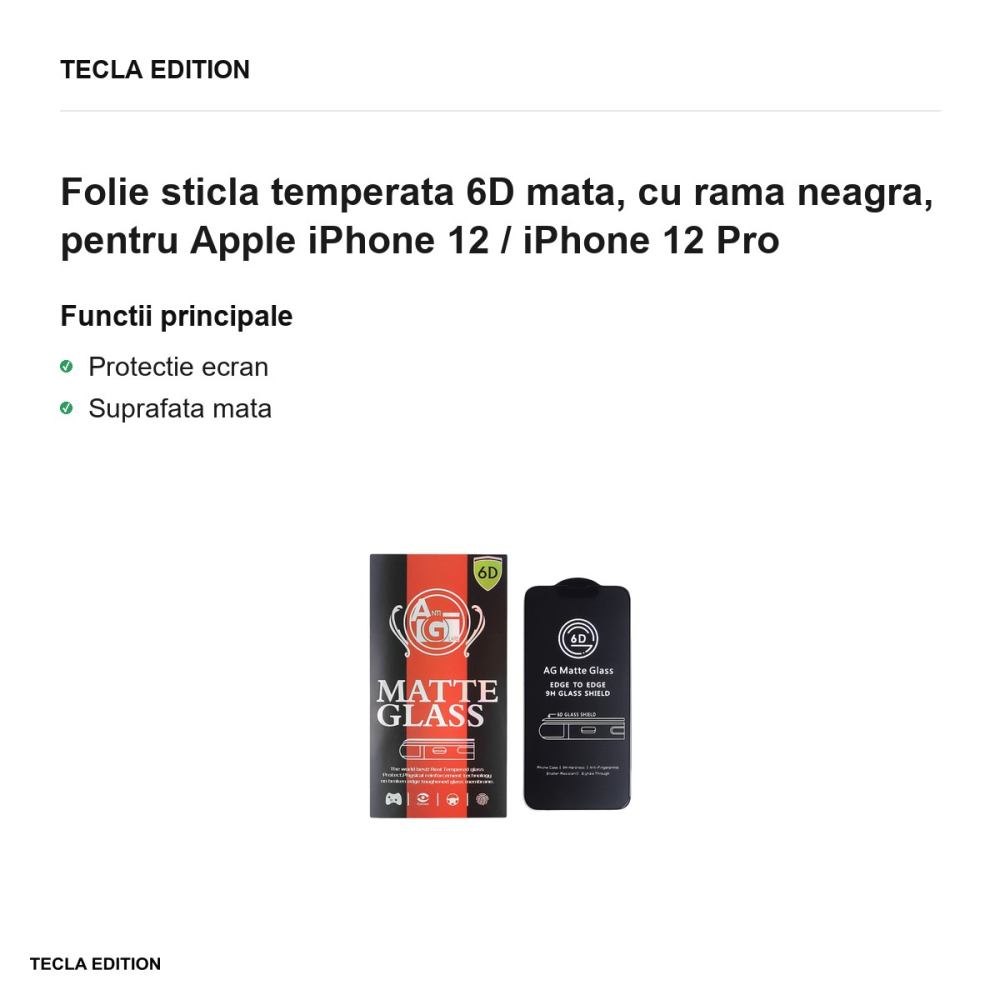 Folie sticla temperata 6D mata, cu rama neagra, pentru Apple iPhone 12 / iPhone 12 Pro [2]