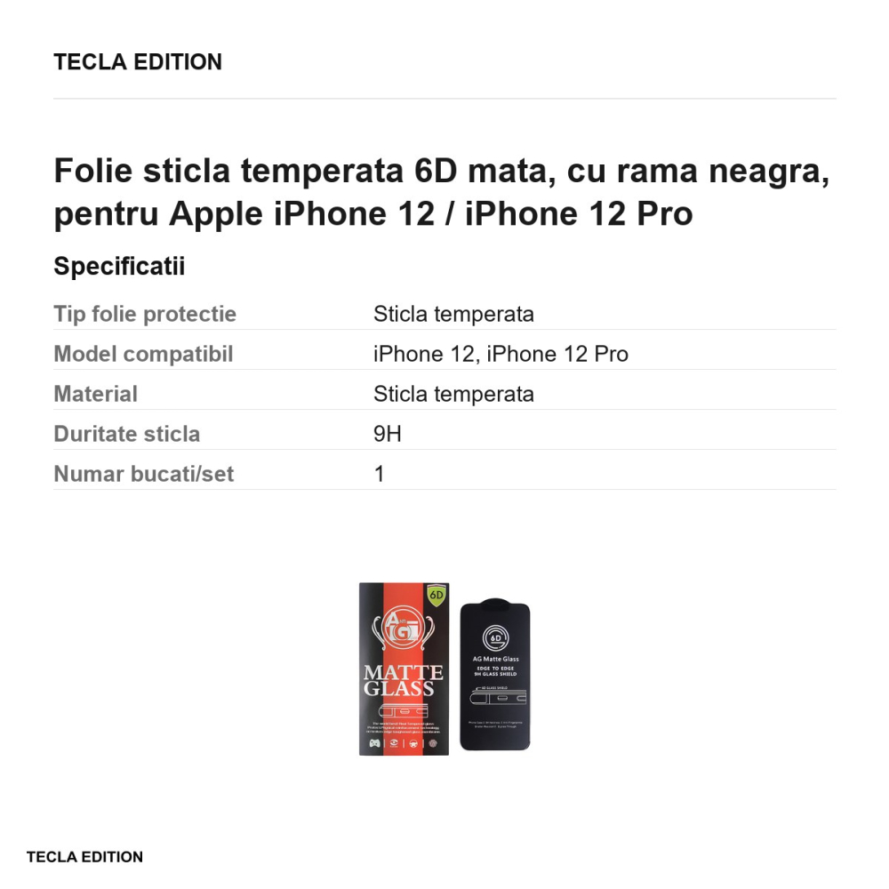 Folie sticla temperata 6D mata, cu rama neagra, pentru Apple iPhone 12 / iPhone 12 Pro [3]