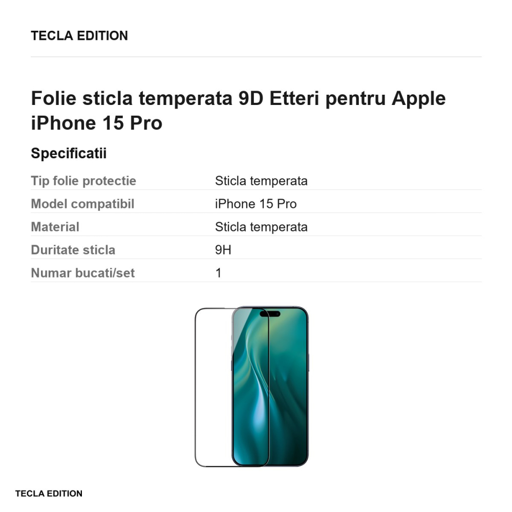Folie sticla temperata 9D Etteri pentru Apple iPhone 15 Pro [3]