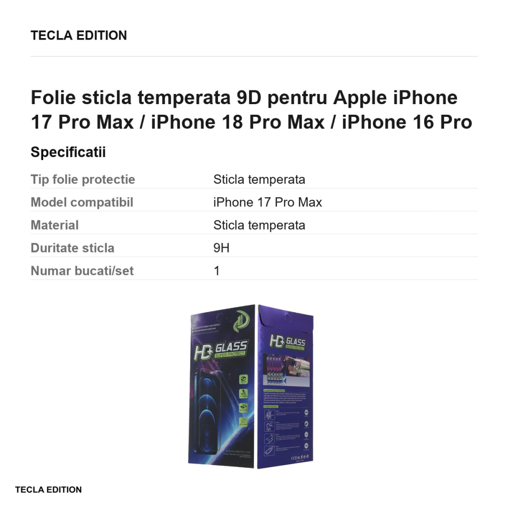 Folie sticla temperata 9D pentru Apple iPhone 17 Pro Max / iPhone 18 Pro Max / iPhone 16 Pro Max [3]
