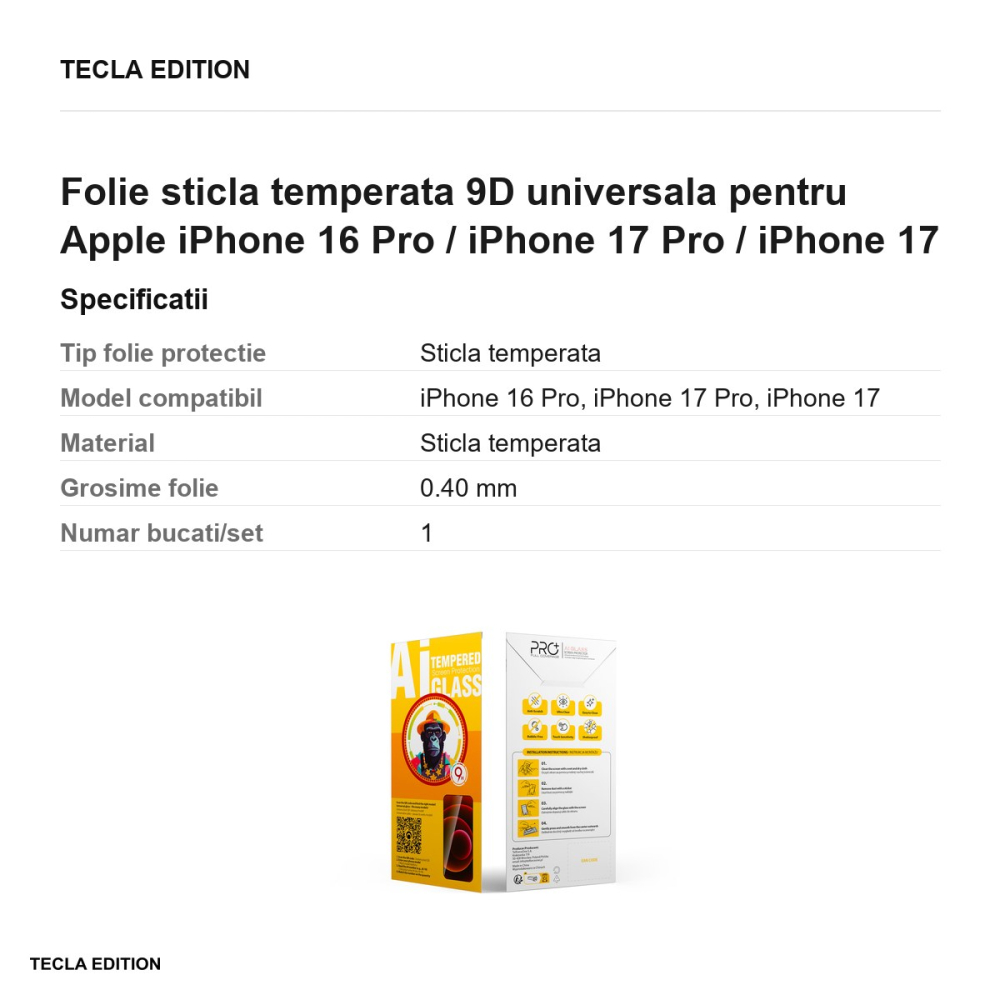 Folie sticla temperata 9D universala pentru Apple iPhone 16 Pro / iPhone 17 Pro / iPhone 17 [3]