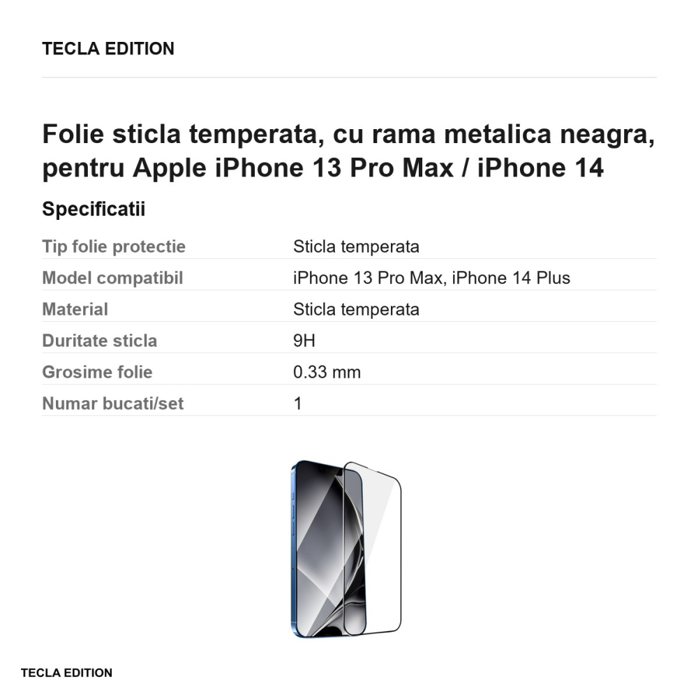Folie sticla temperata, cu rama metalica neagra, pentru Apple iPhone 13 Pro Max / iPhone 14 Plus [3]