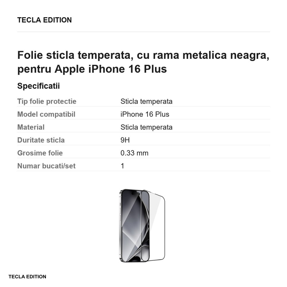 Folie sticla temperata, cu rama metalica neagra, pentru Apple iPhone 16 Plus [3]
