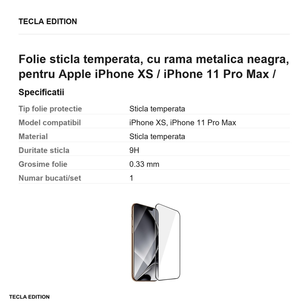 Folie sticla temperata, cu rama metalica neagra, pentru Apple iPhone XS / iPhone 11 Pro Max / iPhone XS Max [3]