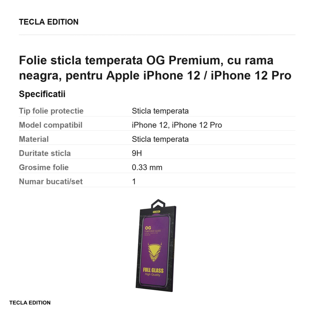 Folie sticla temperata OG Premium, cu rama neagra, pentru Apple iPhone 12 / iPhone 12 Pro [3]
