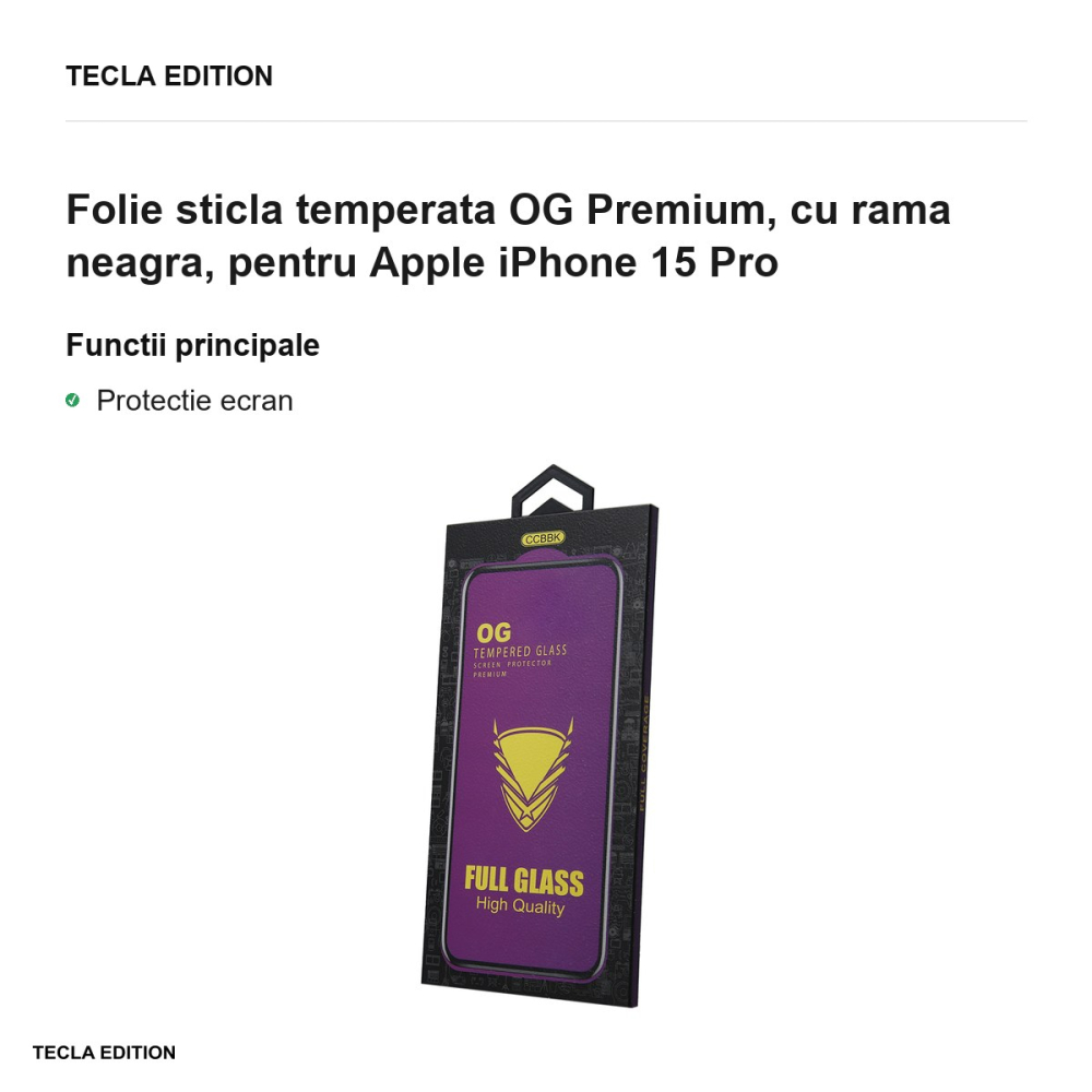 Folie sticla temperata OG Premium, cu rama neagra, pentru Apple iPhone 15 Pro [2]