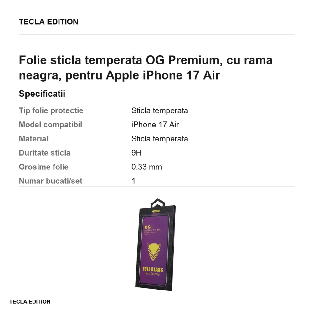 Folie sticla temperata OG Premium, cu rama neagra, pentru Apple iPhone 17 Air [3]