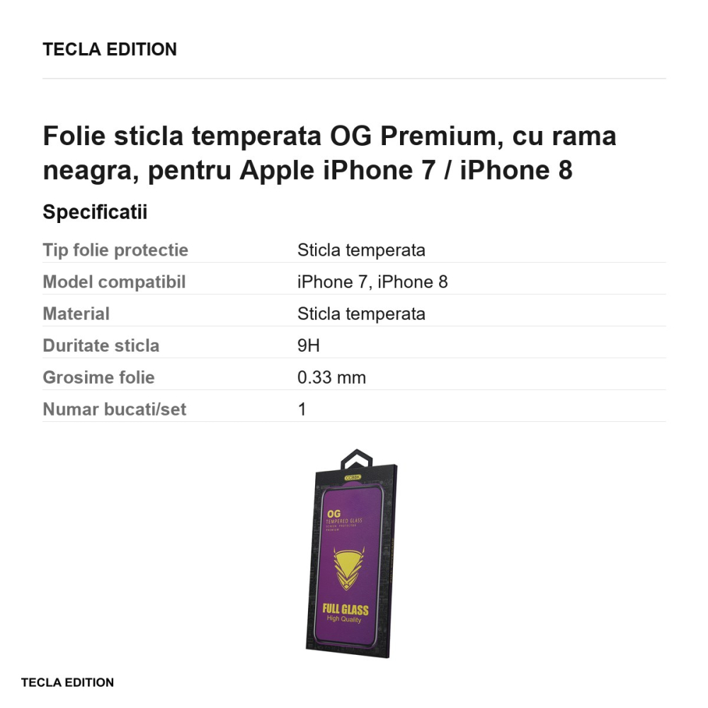 Folie sticla temperata OG Premium, cu rama neagra, pentru Apple iPhone 7 / iPhone 8 [3]