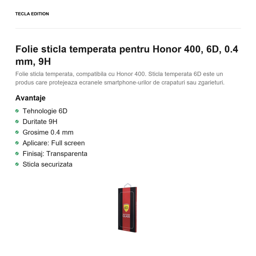 Folie sticla temperata pentru Honor 400, 6D, 0.4 mm, 9H [2]