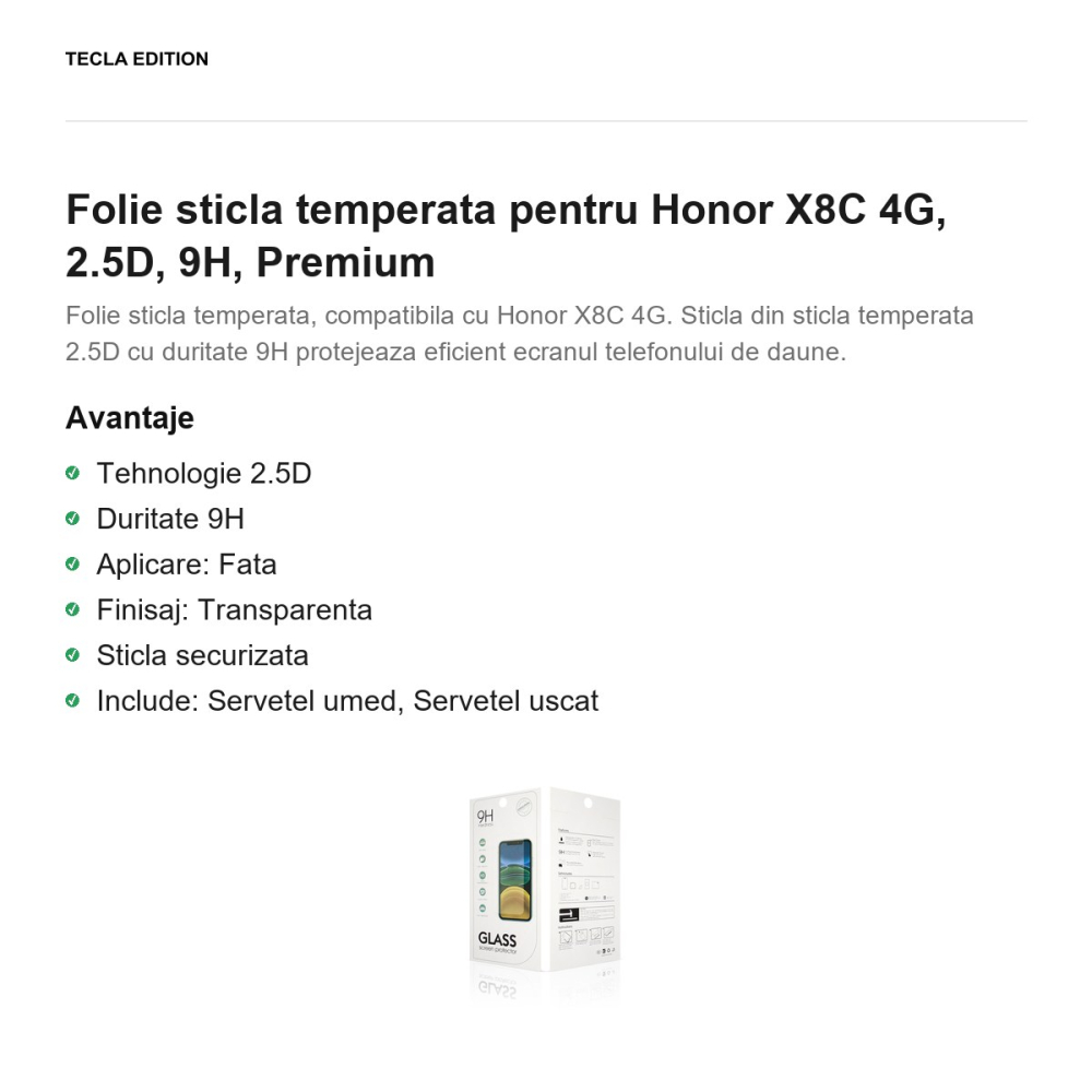 Folie sticla temperata pentru Honor X8C 4G, 2.5D, 9H, Premium [2]