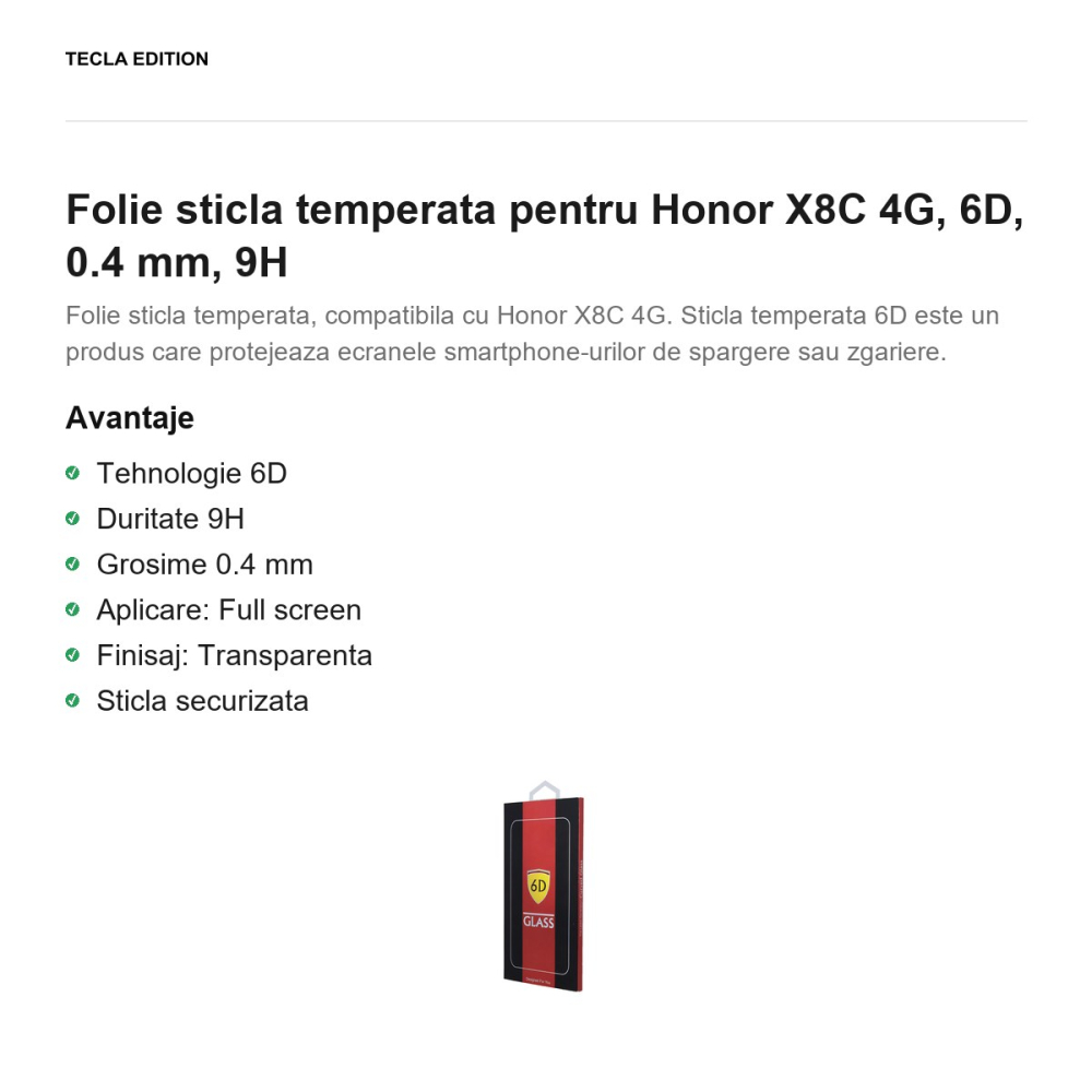 Folie sticla temperata pentru Honor X8C 4G, 6D, 0.4 mm, 9H [2]