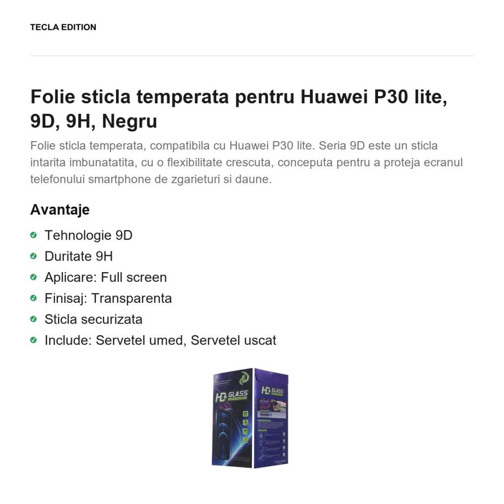 Folie sticla temperata pentru Huawei P30 lite, 9D, 9H, Negru [2]