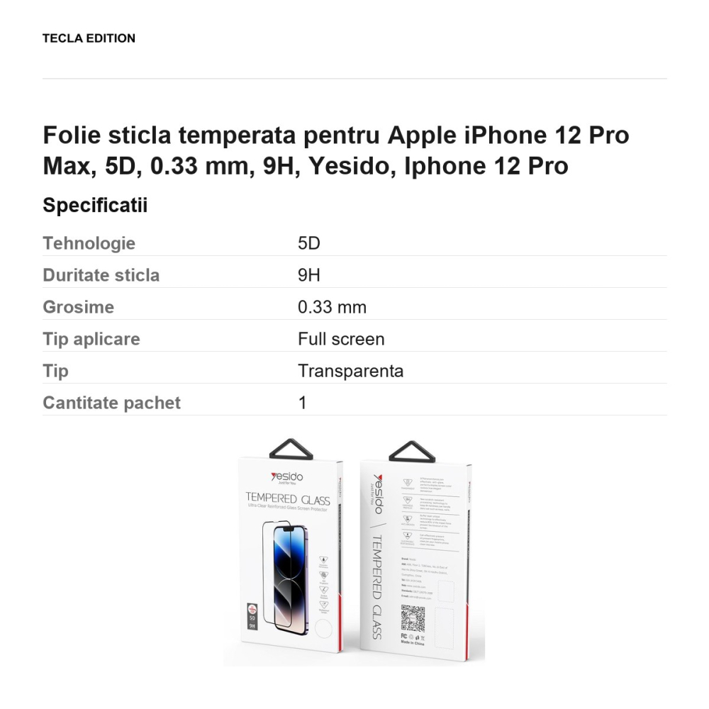 Folie sticla temperata pentru iPhone 12 Pro Max, 5D, 0.33 mm, 9H, Yesido, Iphone 12 Pro [3]