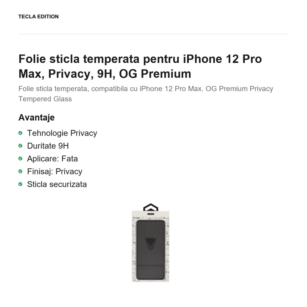 Folie sticla temperata pentru iPhone 12 Pro Max, Privacy, 9H, OG Premium [2]