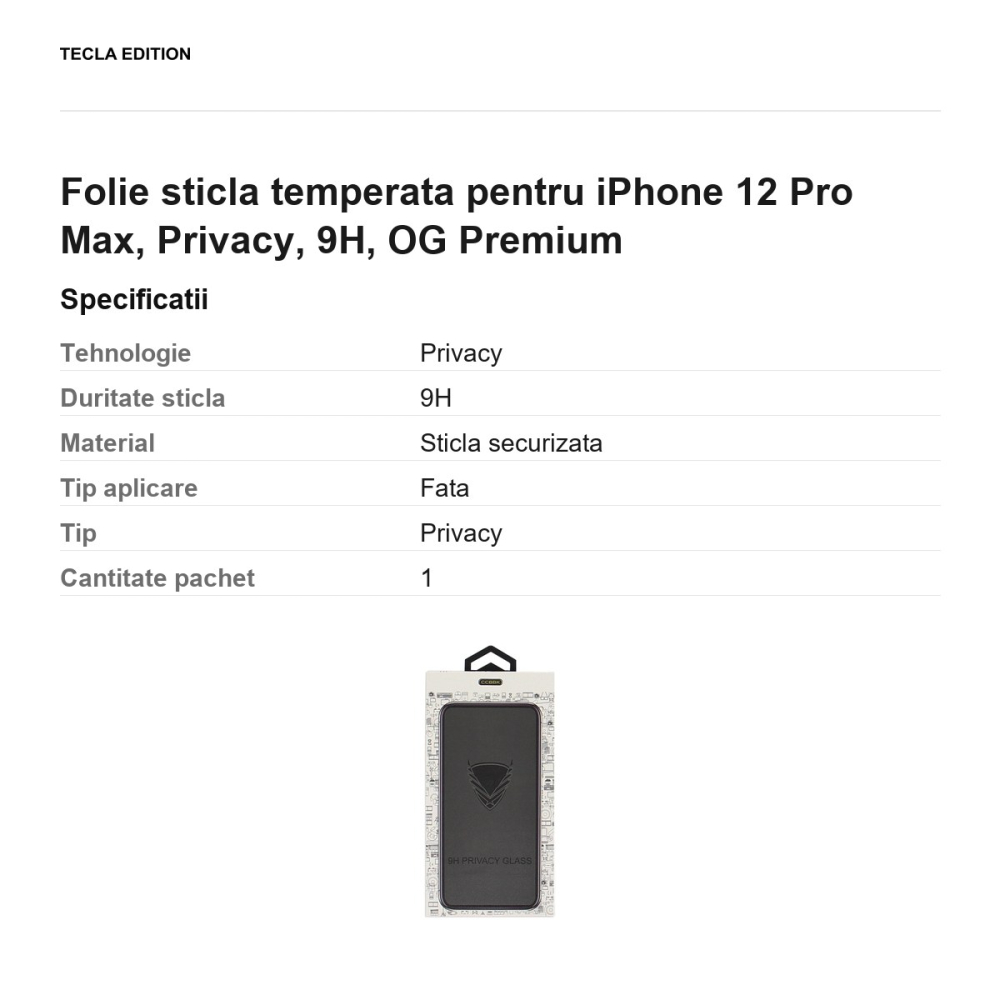 Folie sticla temperata pentru iPhone 12 Pro Max, Privacy, 9H, OG Premium [3]