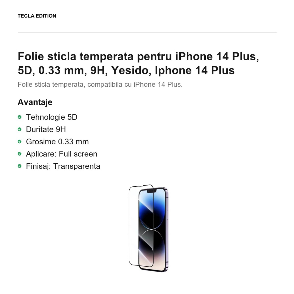 Folie sticla temperata pentru iPhone 14 Plus, 5D, 0.33 mm, 9H, Yesido, Iphone 14 Plus [2]