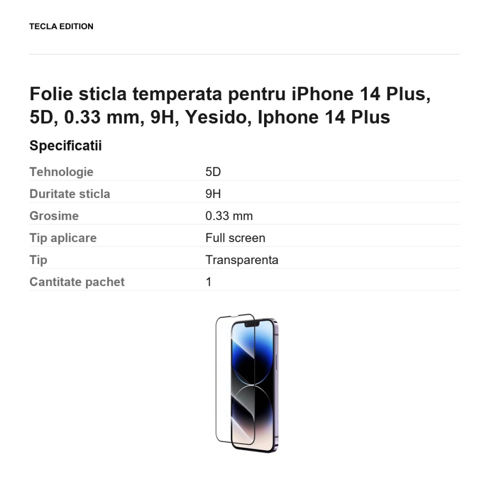 Folie sticla temperata pentru iPhone 14 Plus, 5D, 0.33 mm, 9H, Yesido, Iphone 14 Plus [3]