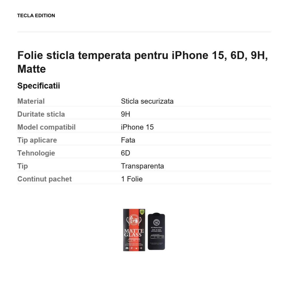 Folie sticla temperata pentru iPhone 15, 6D, 9H, Matte [3]