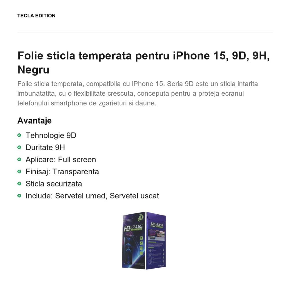 Folie sticla temperata pentru iPhone 15, 9D, 9H, Negru [2]