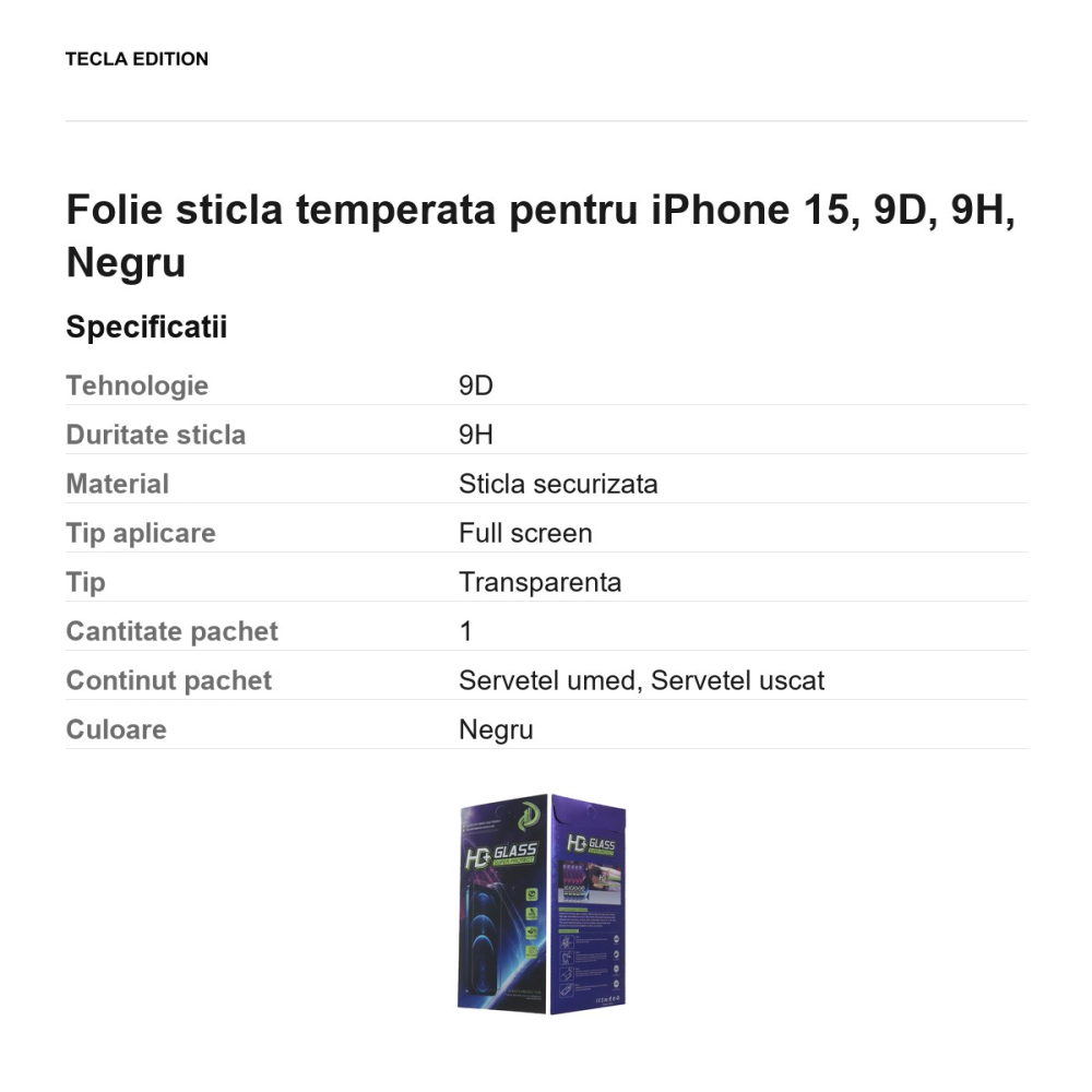 Folie sticla temperata pentru iPhone 15, 9D, 9H, Negru [3]
