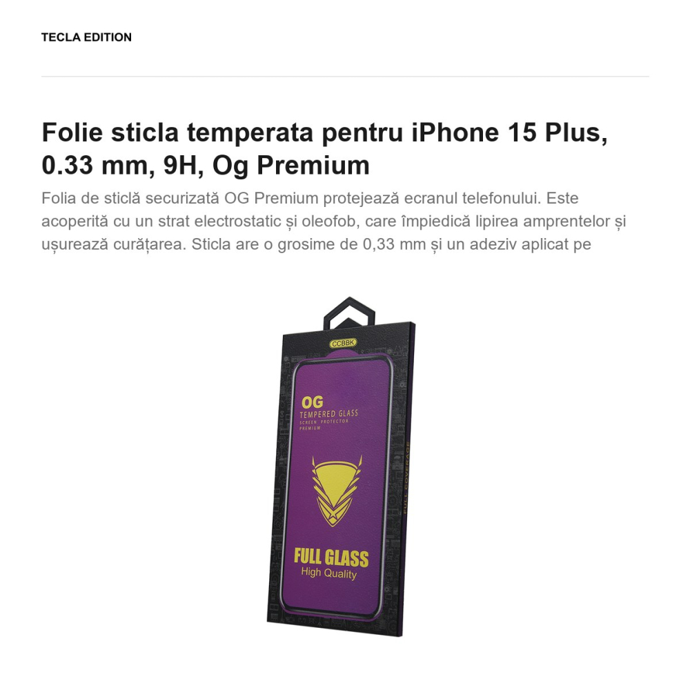 Folie sticla temperata pentru iPhone 15 Plus, 0.33 mm, 9H, Og Premium [2]