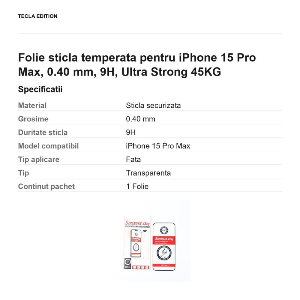 Folie sticla temperata pentru iPhone 15 Pro Max, 0.40 mm, 9H, Ultra Strong 45KG [3]