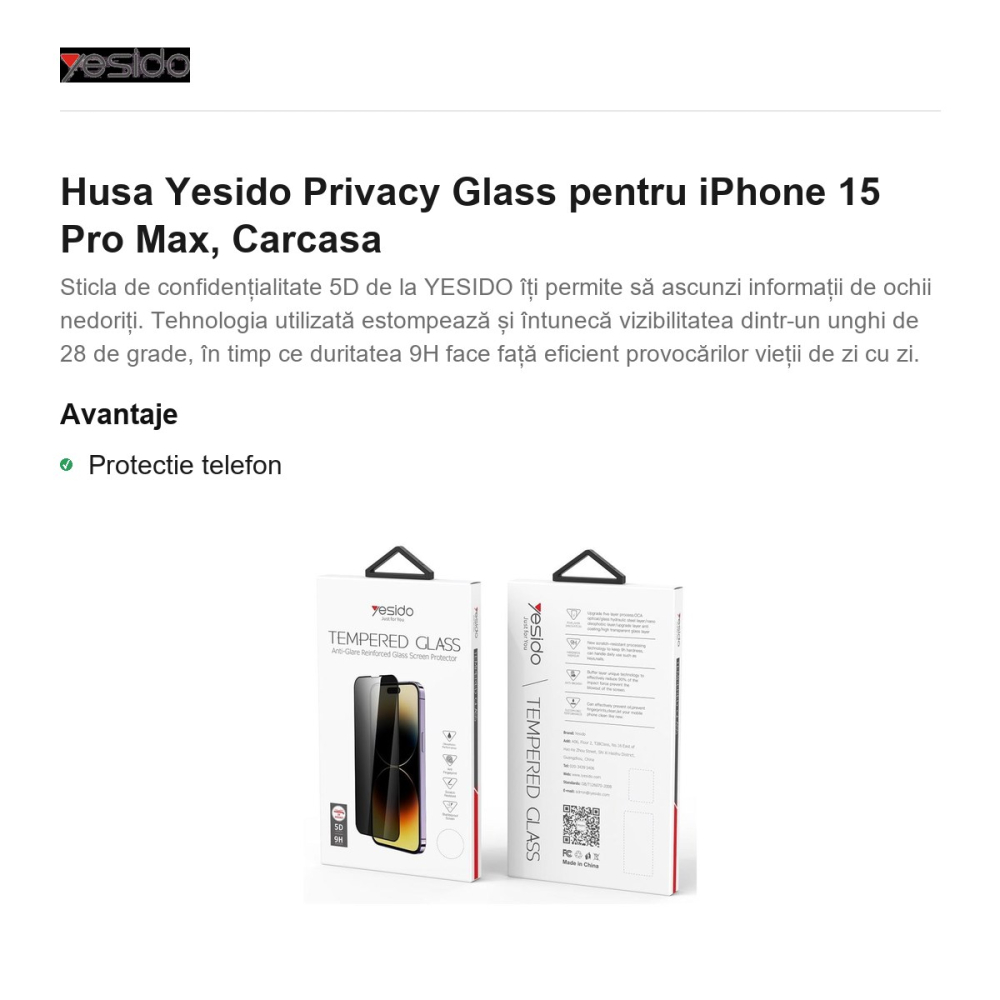 Folie sticla temperata pentru iPhone 15 Pro Max, Privacy, Yesido [2]