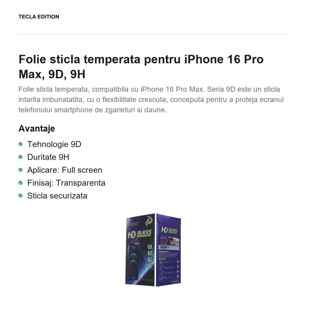 Folie sticla temperata pentru iPhone 16 Pro Max, 9D, 9H [2]