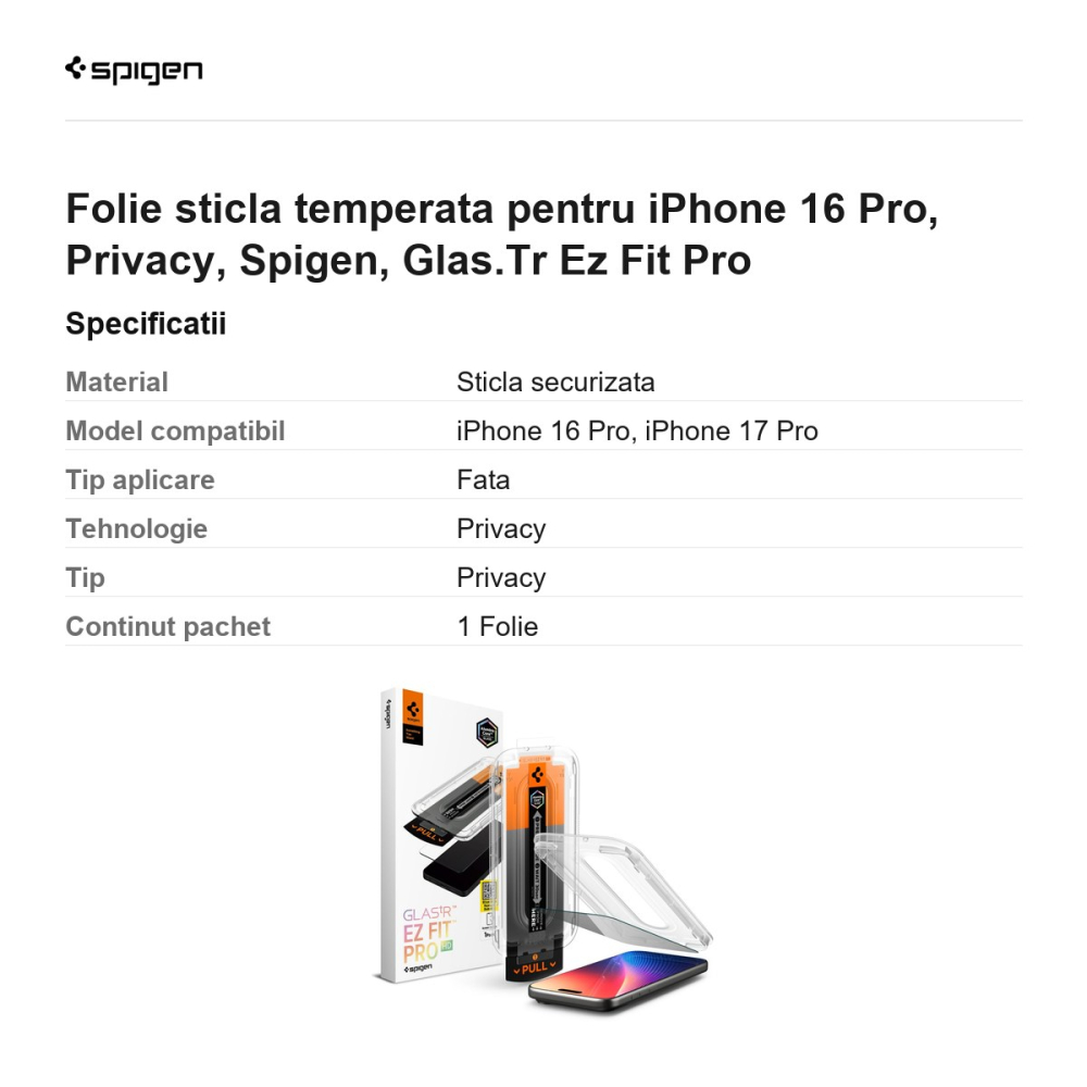 Folie sticla temperata pentru iPhone 16 Pro, Privacy, Spigen, Glas.Tr Ez Fit Pro [3]