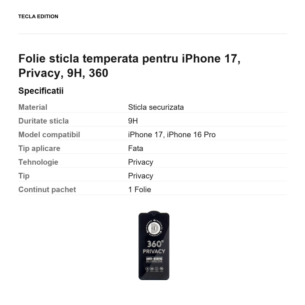 Folie sticla temperata pentru iPhone 17, Privacy, 9H, 360 [3]